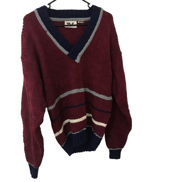 Vintage Wayne Scott maroon and blue knit V-neck sweater - Picture 1 of 14